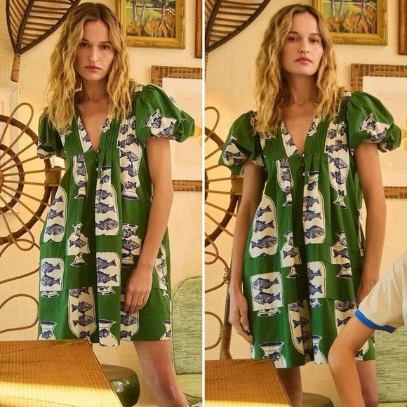 Hunter Bell Wilkes Dress Herring Green Puff Sleeve Cotton Size Medium NWT - Picture 14 of 17